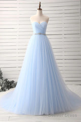 A-Line Sweetheart Neck Tulle Light Sky Blue Long Prom Dress