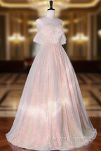 A-Line Sweetheart Neck Tulle Pink Formal Dresses, Off Shoulder Pink Formal Dresses