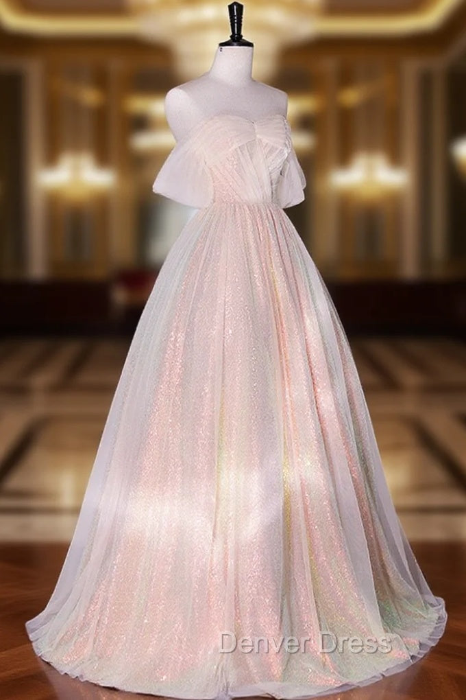A Line Sweetheart Neck Tulle Pink Prom Dress, Off Shoulder Pink Prom Dresses Main image