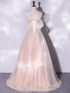 A-Line Sweetheart Neck Tulle Pink Formal Dresses, Off Shoulder Pink Formal Dresses