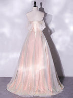 A Line Sweetheart Neck Tulle Pink Prom Dress, Off Shoulder Pink Prom Dresses
