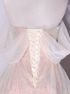 A Line Sweetheart Neck Tulle Pink Prom Dress, Off Shoulder Pink Prom Dresses