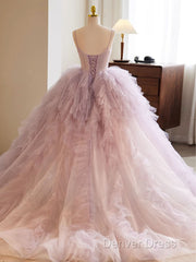 A-Line Sweetheart Neck Tulle Pink Long Prom Dresses, Pink Evening Dresses