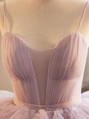 A-Line Sweetheart Neck Tulle Pink Long Prom Dresses, Pink Evening Dresses