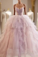 A-Line Sweetheart Neck Tulle Pink Long Prom Dresses, Pink Evening Dresses