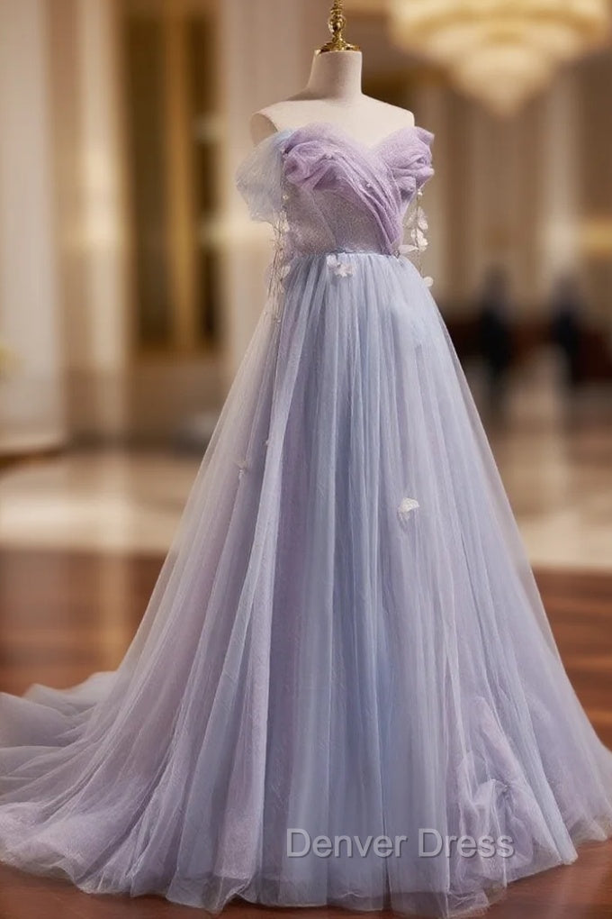 A-Line Sweetheart Neck Tulle Purple Long Prom Dresses, Purple Formal Dresses Main image
