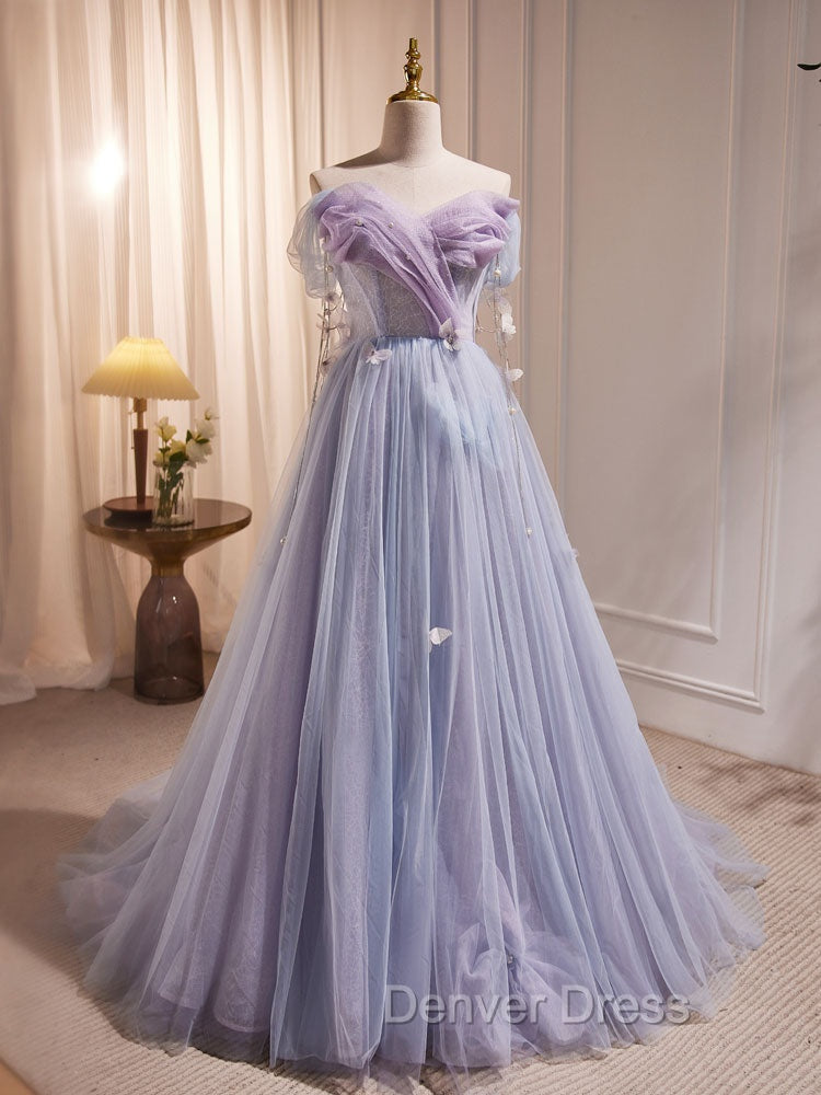 A-Line Sweetheart Neck Tulle Purple Long Prom Dresses, Purple Formal Dresses Secondary image