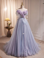 A-Line Sweetheart Neck Tulle Purple Long Prom Dresses, Purple Formal Dresses