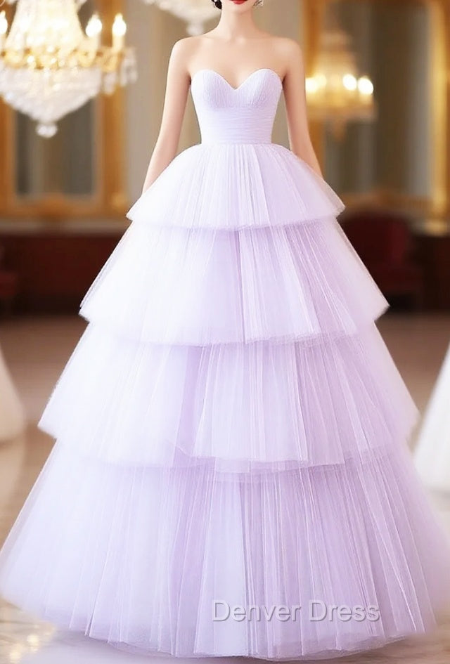 A-Line Sweetheart Neck Tulle Purple Long Prom Dresses, Purple Long Formal Dresses Main image