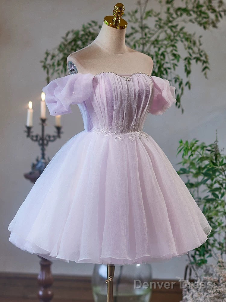 A Line Sweetheart Neck Tulle Purple Short Prom Dress, Purple Homecoming Dresses