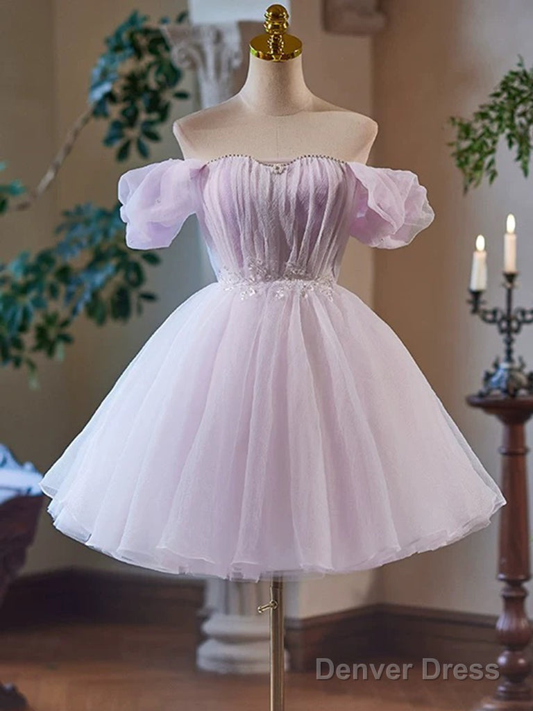 A Line Sweetheart Neck Tulle Purple Short Prom Dress, Purple Homecoming Dresses Main image