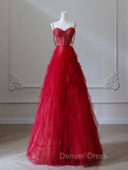 A Line Sweetheart Neck Tulle Red Long Prom Dress, Red Long Graduation Dresses with Beads