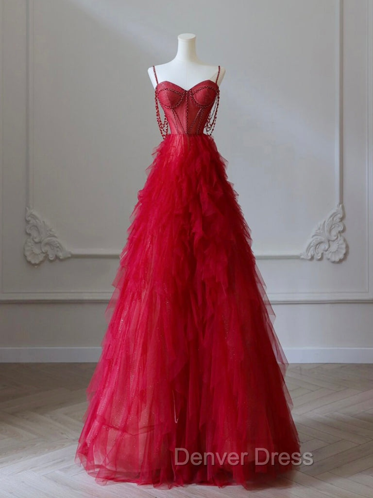 A Line Sweetheart Neck Tulle Red Long Prom Dress, Red Long Graduation Dresses with Beads