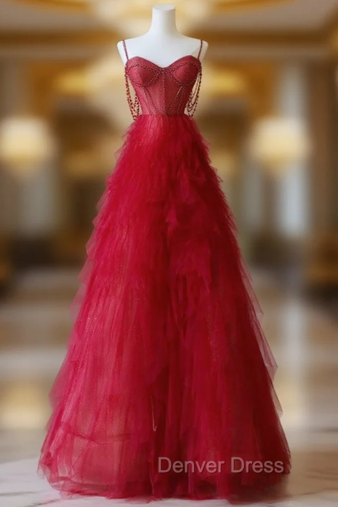 A-Line Sweetheart Neck Tulle Red Long Prom Dresses, Red Long Graduation Dresses with Beads Main image