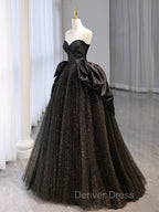 A Line Sweetheart Neck Tulle Satin Black Long Prom Dress, Black Long Prom Dresses