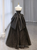 A Line Sweetheart Neck Tulle Satin Black Long Prom Dress, Black Long Prom Dresses