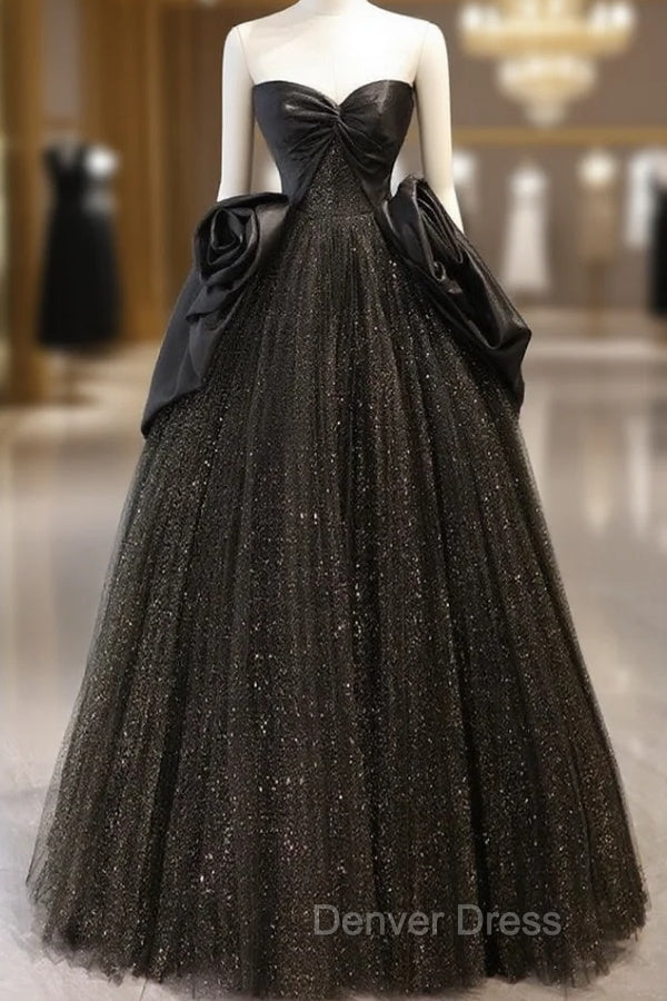 A Line Sweetheart Neck Tulle Satin Black Long Prom Dress, Black Long Prom Dresses Main image