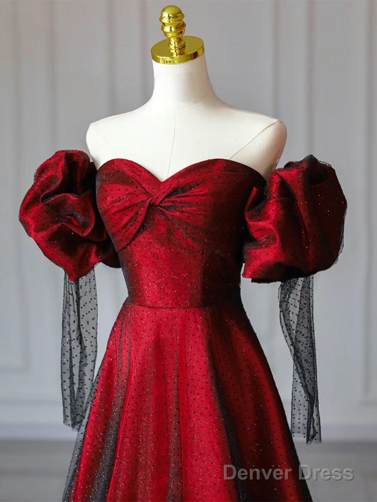 A Line Sweetheart Neck Tulle Satin Burgundy Long Prom Dresses Secondary image