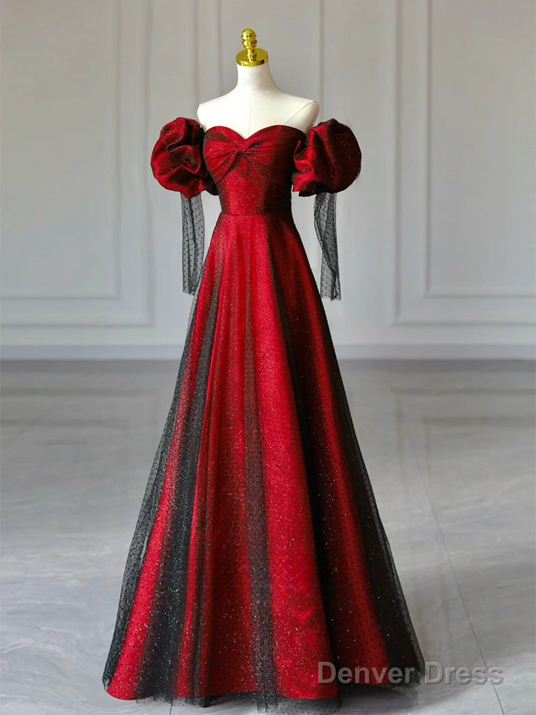 A Line Sweetheart Neck Tulle Satin Burgundy Long Prom Dresses Main image