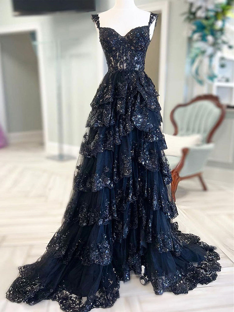 A-Line Sweetheart Neck Tulle Sequin Black Long Prom Dresses, Black Formal Dresses