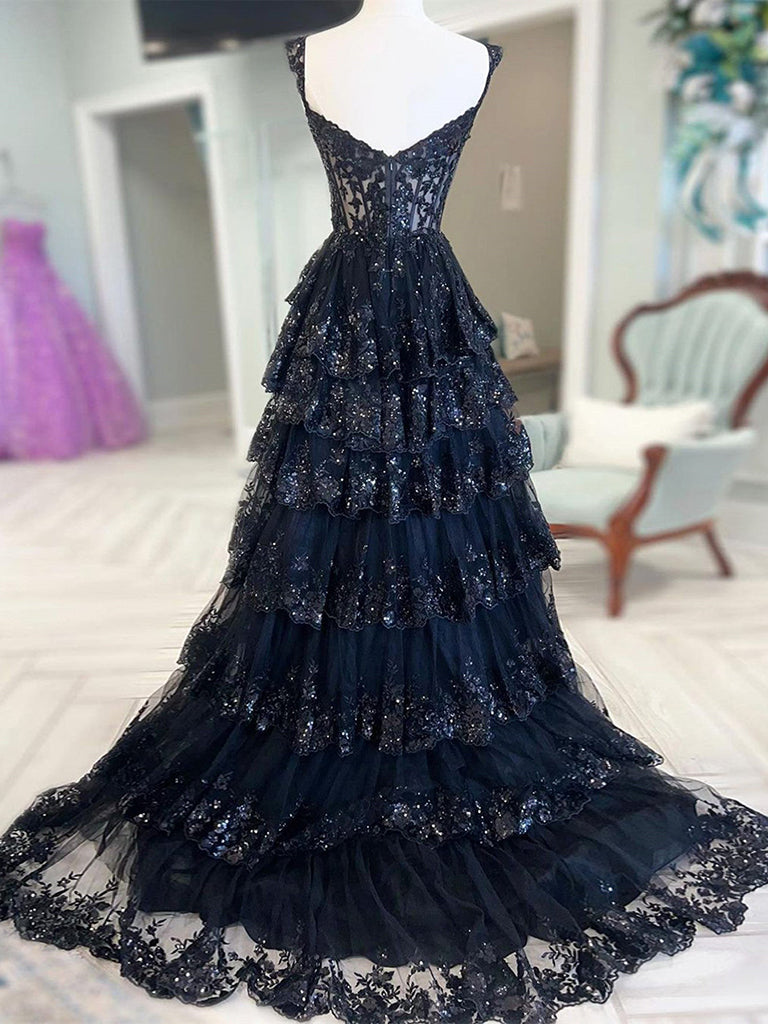 A-Line Sweetheart Neck Tulle Sequin Black Long Prom Dresses, Black Formal Dresses