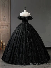A-Line Sweetheart Neck Tulle Sequin Black Long Prom Dress, Black Long Formal Dress