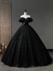 A-Line Sweetheart Neck Tulle Sequin Black Long Prom Dress, Black Long Formal Dress