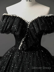 A-Line Sweetheart Neck Tulle Sequin Black Long Prom Dress, Black Long Formal Dress