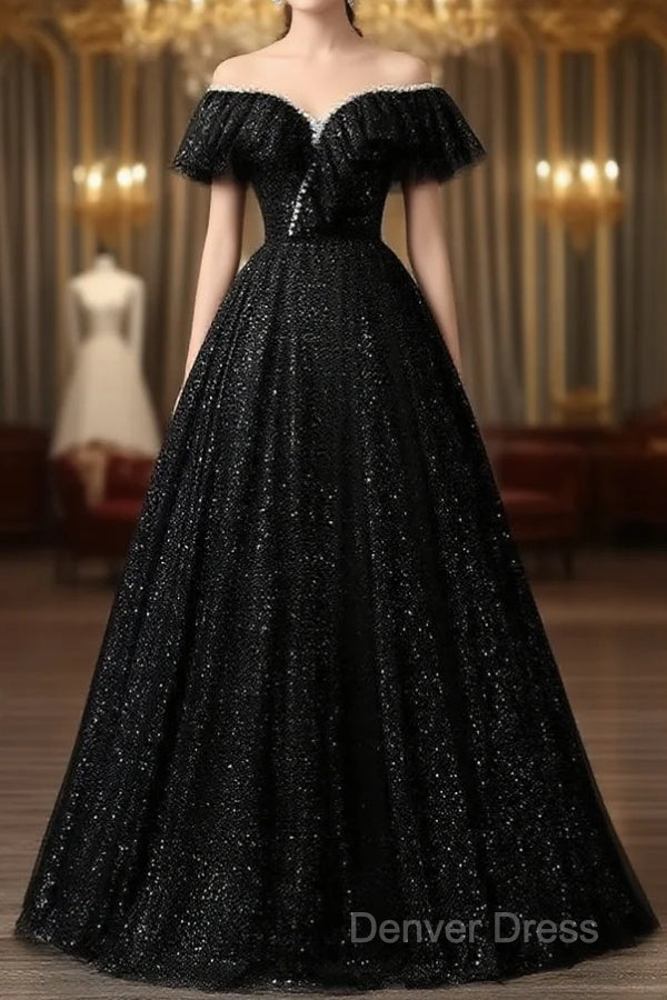 A-Line Sweetheart Neck Tulle Sequin Black Long Prom Dresses, Black Long Formal Dresses Main image