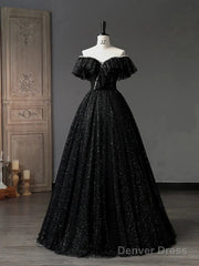 A-Line Sweetheart Neck Tulle Sequin Black Long Prom Dress, Black Long Formal Dress