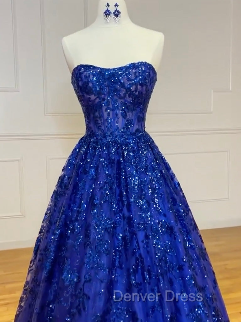 A-Line Sweetheart Neck Tulle Sequin Blue Long Prom Dresses, Blue Long Formal Dresses Secondary image