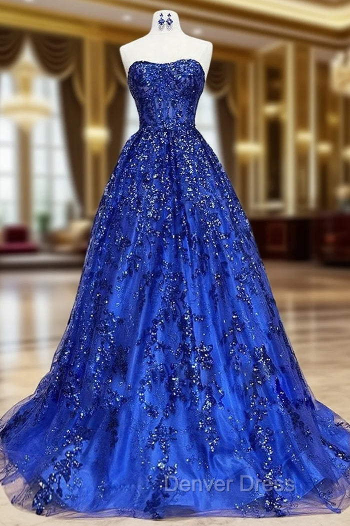 A-Line Sweetheart Neck Tulle Sequin Blue Long Prom Dresses, Blue Long Formal Dresses