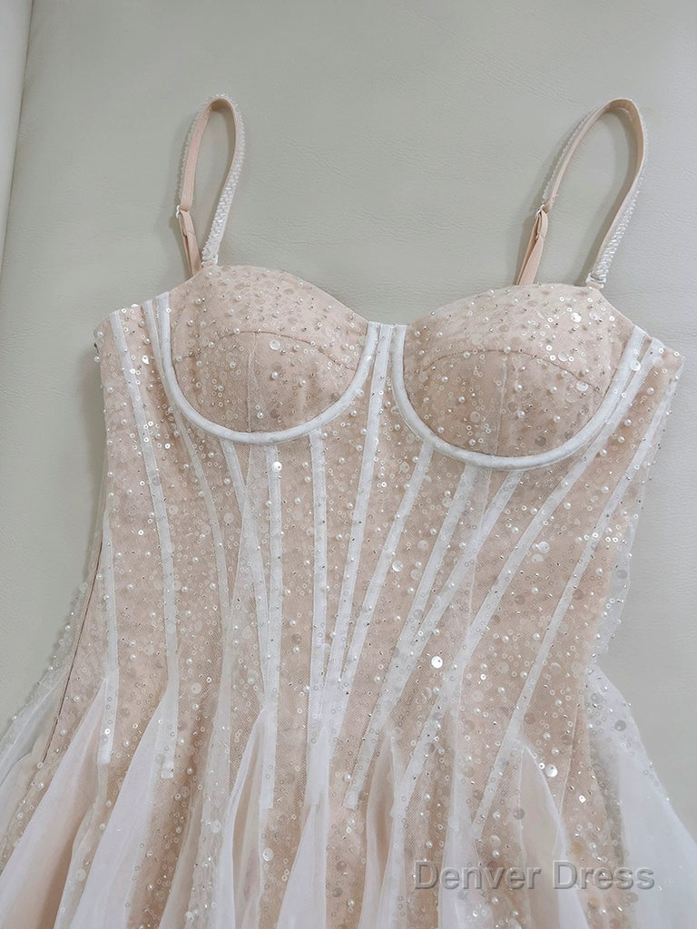 A Line Sweetheart Neck Tulle Sequin Champagne Short Prom Dress, Cute Homecoming Dresses