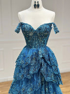 A-Line  Sweetheart Neck Tulle Sequin Lace Blue Long Prom Dresses