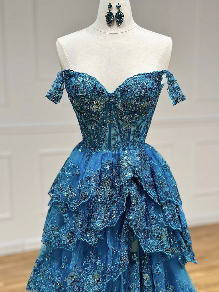 A-Line  Sweetheart Neck Tulle Sequin Lace Blue Long Prom Dresses