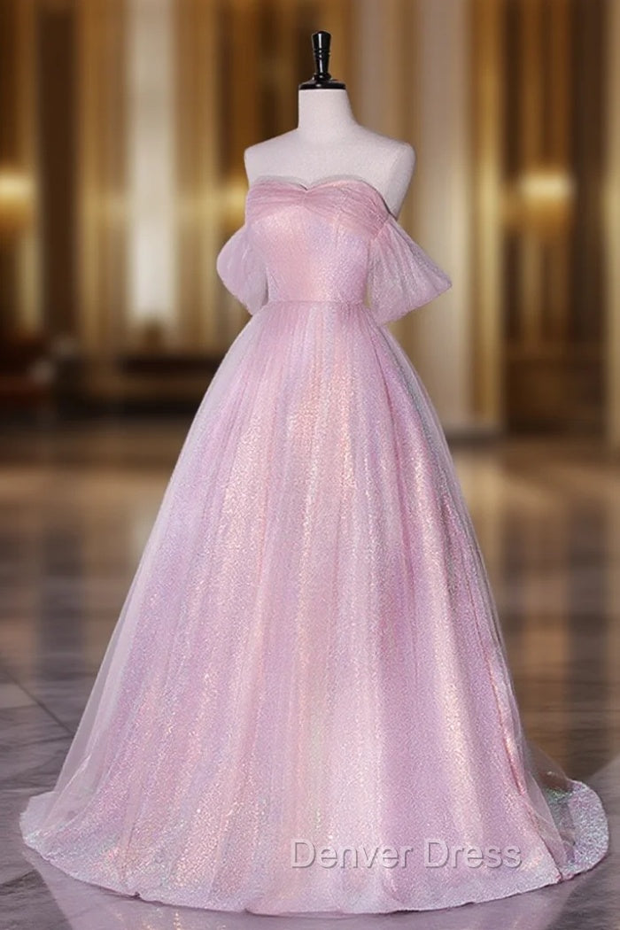 A-Line Sweetheart Neck Tulle Sequin Pink Long Prom Dresses, Pink Tulle Formal Dresses Main image