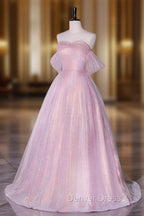 A-Line Sweetheart Neck Tulle Sequin Pink Long Prom Dresses, Pink Tulle Formal Dresses