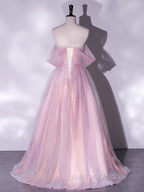 A-Line Sweetheart Neck Tulle Sequin Pink Long Prom Dresses, Pink Tulle Formal Dresses