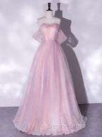 A-Line Sweetheart Neck Tulle Sequin Pink Long Prom Dresses, Pink Tulle Formal Dresses