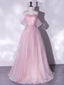 A-Line Sweetheart Neck Tulle Sequin Pink Long Prom Dresses, Pink Tulle Formal Dresses