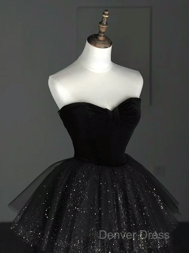 A-Line Sweetheart Neck Tulle Velvet Black Long Prom Dresses, Black Evening Dresses Secondary image