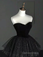 A-Line Sweetheart Neck Tulle Velvet Black Long Prom Dresses, Black Evening Dresses