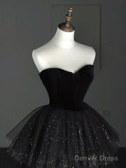 A-Line Sweetheart Neck Tulle Velvet Black Long Prom Dress, Black Evening Dress