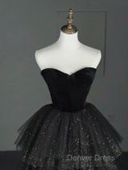 A-Line Sweetheart Neck Tulle Velvet Black Long Prom Dresses, Black Evening Dresses