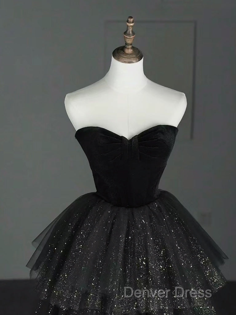 A-Line Sweetheart Neck Tulle Velvet Black Long Prom Dresses, Black Evening Dresses