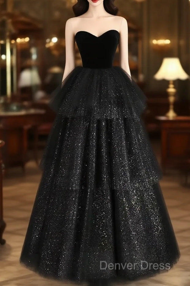 A-Line Sweetheart Neck Tulle Velvet Black Long Prom Dresses, Black Evening Dresses Main image