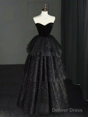 A-Line Sweetheart Neck Tulle Velvet Black Long Prom Dress, Black Evening Dress