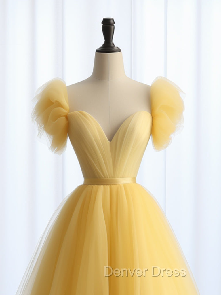 A Line Sweetheart Neck Tulle Yellow Long Prom Dress, Yellow Long Prom Dresses Secondary image