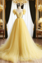 A-Line Sweetheart Neck Tulle Yellow Long Prom Dresses, Yellow Long Formal Dresses