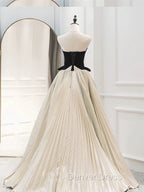 A-Line Sweetheart Neck Velvet Satin Champagne Long Prom Dresses, Champagne Evening Dresses